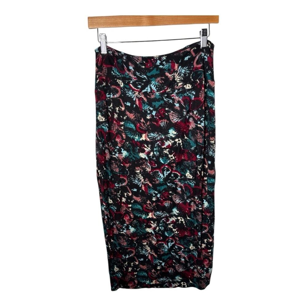 Leith Black Red Printed Pull On Straight Midi Skirt Large